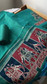 Tradzio Teal Animal Weaving Print Muga Cotton Unstitched Suit Set